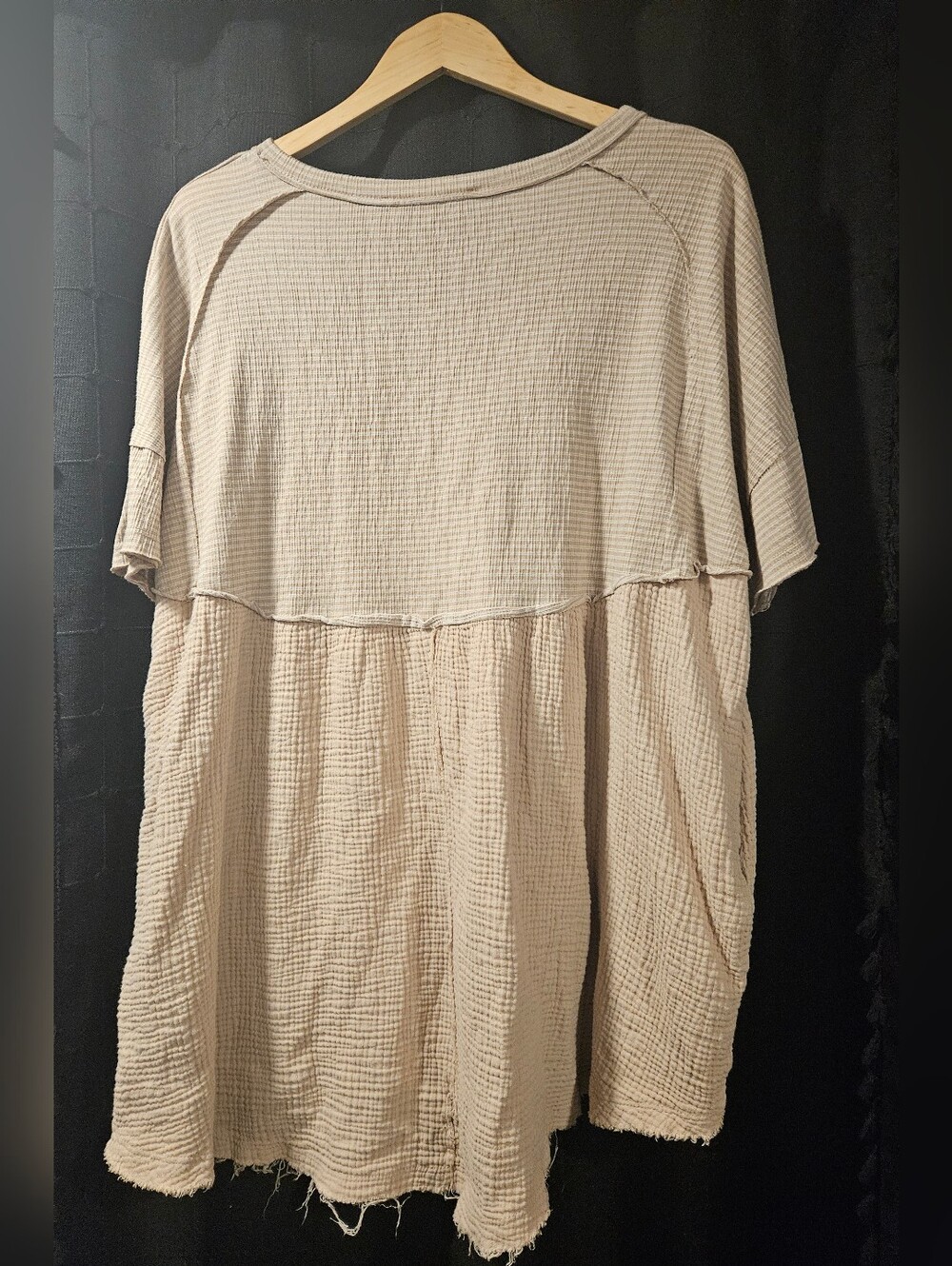 Three Bird Nest Gauze Babydoll Mini Dress Tan Beige Boho Raw Hem Pockets XL - Picture 3 of 5